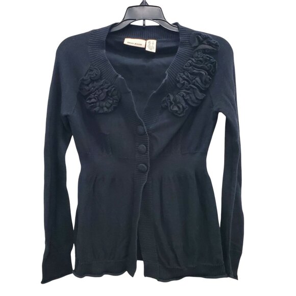 DKNY Jeans‎ Women's Y2K Black 3-D Rosette 3 Button Knit Academia Cardigan S - Picture 1 of 6